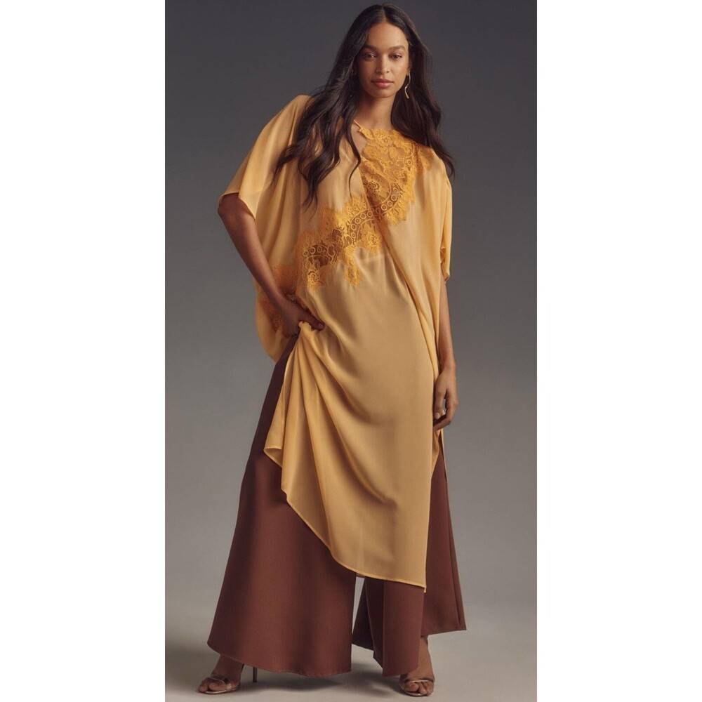 Anthropologie Kaftan Women Orange Sheer Lace Preppy Side Slit Vacay One Size NWT